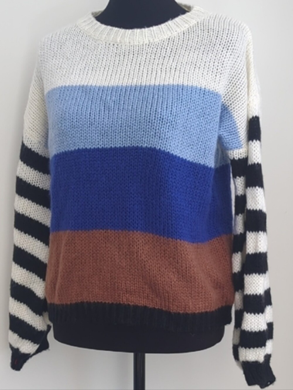 Sweewe Paris Boho Colorblock Knit Geometric Retro Striped Sleeve Sweater LARGE